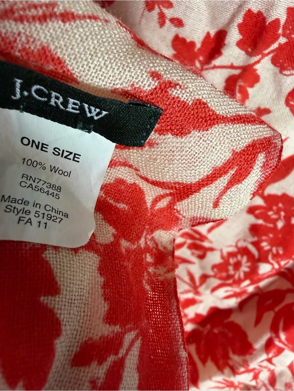 J. Crew Red Floral Lightweight Wrap Scarf 100% Wool